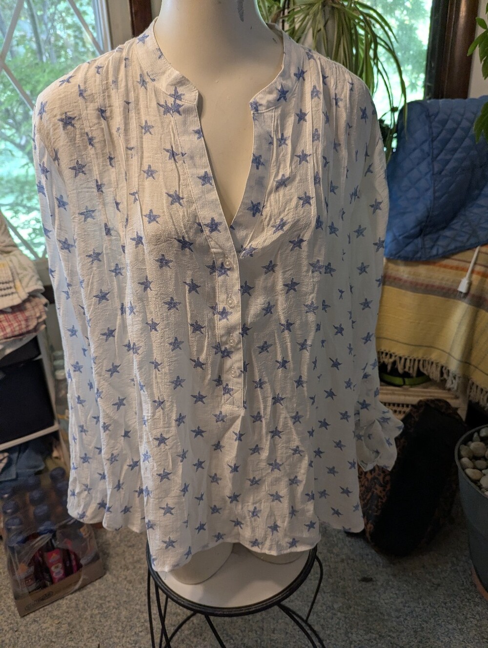 NWT Zac & Rachel LS Rayon Poly Knit Wht Blue Denim Stars Button Placket Sz Xl